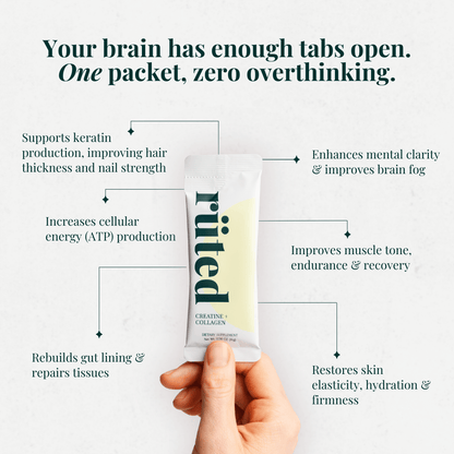 Hand holding a packet of 'Rüted Synergy' with text about its benefits on a white background